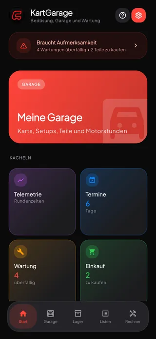 Der Startbildschirm von KartGarage mit der Garage, den Kürzeln und allem, was Aufmerksamkeit braucht.