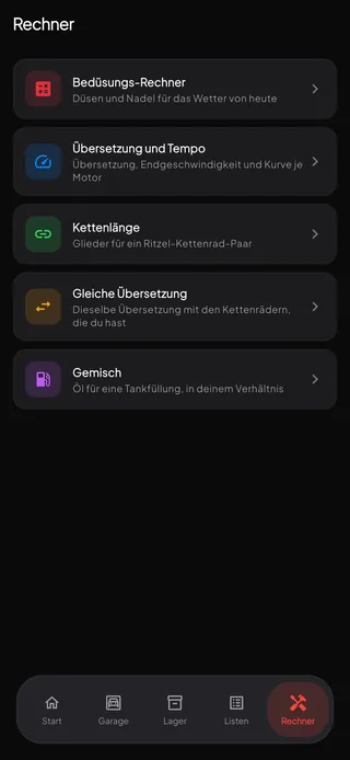 Der Tab Werkzeuge mit dem Bedüsungsrechner, Übersetzung und Tempo, Kettenlänge, gleicher Übersetzung und Gemisch.