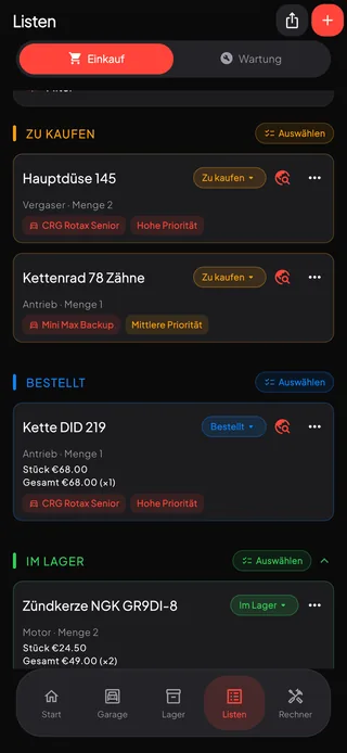 Eine Einkaufsliste, gruppiert in zu kaufen, bestellt und im Lager, mit Preisen, Prioritäten und dem Kart, zu dem jedes Teil gehört.