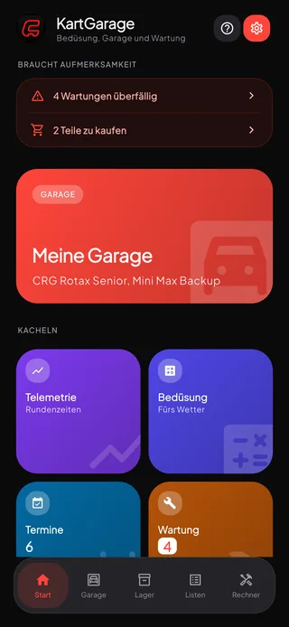 Der Startbildschirm von KartGarage mit der Garage, den Kürzeln und allem, was Aufmerksamkeit braucht.