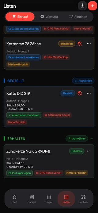 Eine Einkaufsliste, gruppiert in zu kaufen, bestellt und erhalten, mit Preisen, Prioritäten und dem Kart, zu dem jedes Teil gehört.