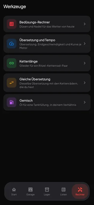 Der Tab Werkzeuge mit dem Bedüsungsrechner, Übersetzung und Tempo, Kettenlänge, gleicher Übersetzung und Gemisch.