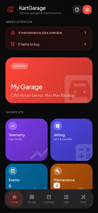 The KartGarage home screen, showing the garage, shortcuts and items that need attention.