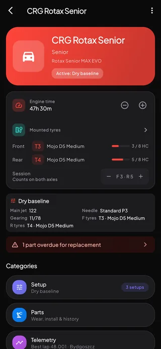 A kart detail screen showing engine, chassis and category information alongside current status.
