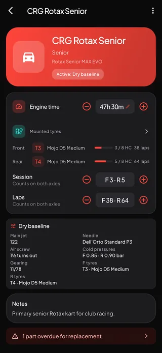 A kart's screen: its engine time, the tyres mounted front and rear with their heat cycles and laps, controls that count a session and laps on both axles at once, the active Dry baseline setup, and one part overdue for replacement.