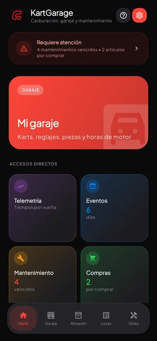 La pantalla de inicio de KartGarage, con el garaje, los accesos directos y lo que necesita atención.