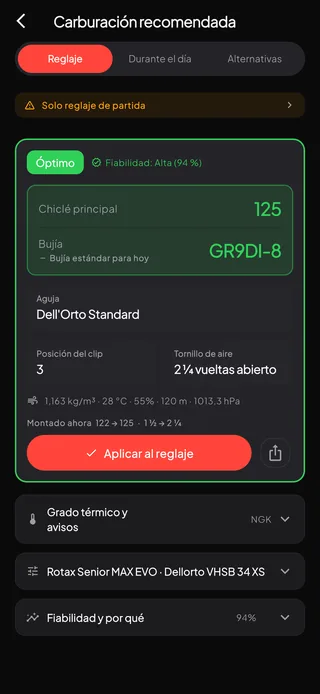 El resultado de la carburación: un chiclé principal de 125 y la bujía para el mismo aire en un solo bloque, con aguja, posición del clip, tornillo de aire y una fiabilidad del 94 %.