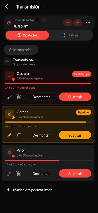 Una lista de piezas con el nivel de desgaste medido en horas de motor.
