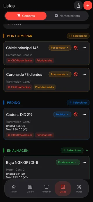 Una lista de compras agrupada en por comprar, pedidas y en almacén, con precios, prioridades y el kart al que pertenece cada pieza.