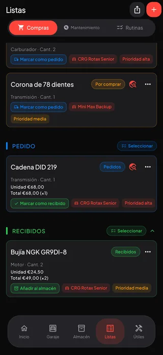 Una lista de compras agrupada en por comprar, pedidas y recibidas, con precios, prioridades y el kart al que pertenece cada pieza.