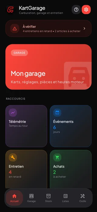 L'écran d'accueil de KartGarage, avec le garage, les raccourcis et ce qui demande attention.