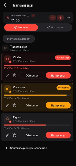Une liste de pièces montrant l'usure suivie aux heures moteur.