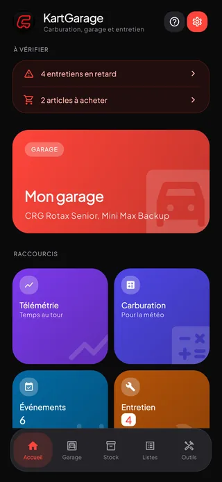 L'écran d'accueil de KartGarage, avec le garage, les raccourcis et ce qui demande attention.