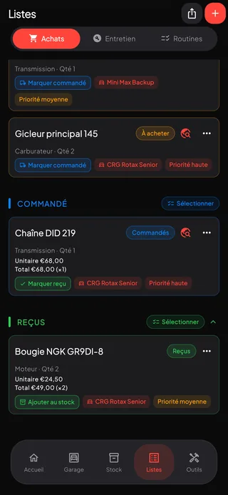 Une liste d'achats regroupée en à acheter, commandé et reçu, avec les prix, les priorités et le kart auquel chaque pièce appartient.