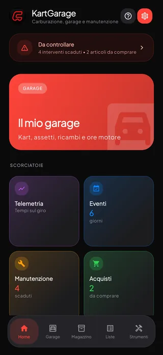La schermata Home di KartGarage, con il garage, le scorciatoie e le voci che richiedono attenzione.