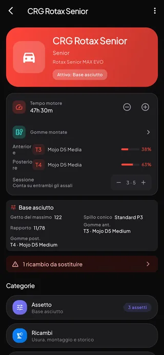 La schermata di dettaglio di un kart con le informazioni su motore, telaio e categoria accanto allo stato attuale.