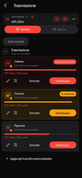 Un elenco di ricambi con i livelli di usura calcolati sulle ore motore.