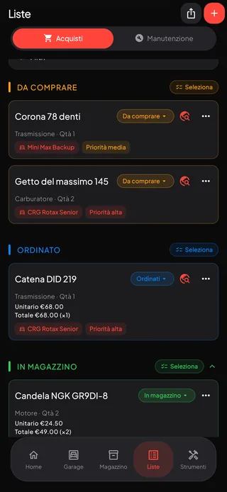 Una lista acquisti raggruppata in da comprare, ordinato e in magazzino, con prezzi, priorità e il kart a cui appartiene ogni ricambio.
