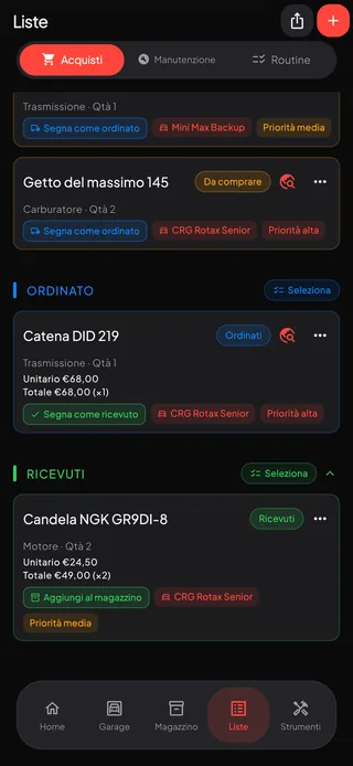 Una lista acquisti raggruppata in da comprare, ordinato e ricevuto, con prezzi, priorità e il kart a cui appartiene ogni ricambio.