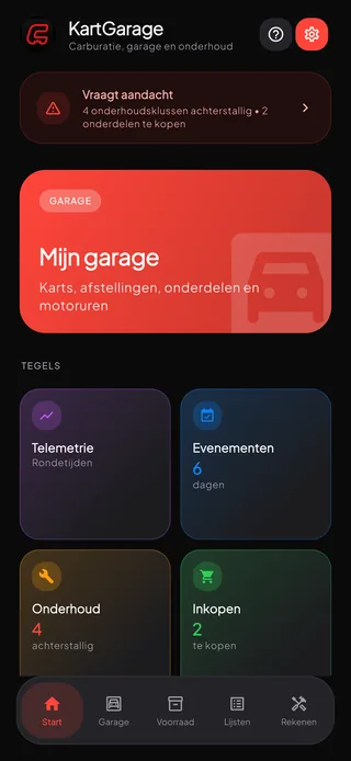 Het startscherm van KartGarage, met de garage, snelkoppelingen en punten die aandacht vragen.