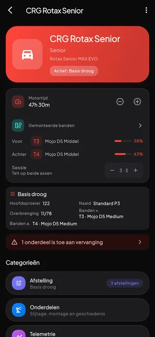 Een kartdetailscherm met informatie over motor, chassis en klasse naast de actuele staat.