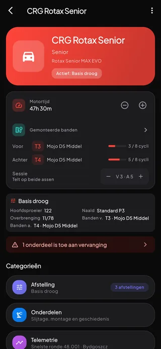 Een kartdetailscherm met informatie over motor, chassis en klasse naast de actuele staat.
