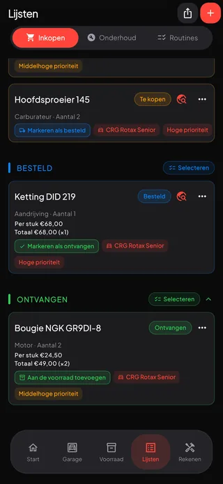 Een boodschappenlijst gegroepeerd in te kopen, besteld en ontvangen, met prijzen, prioriteiten en de kart waar elk onderdeel bij hoort.