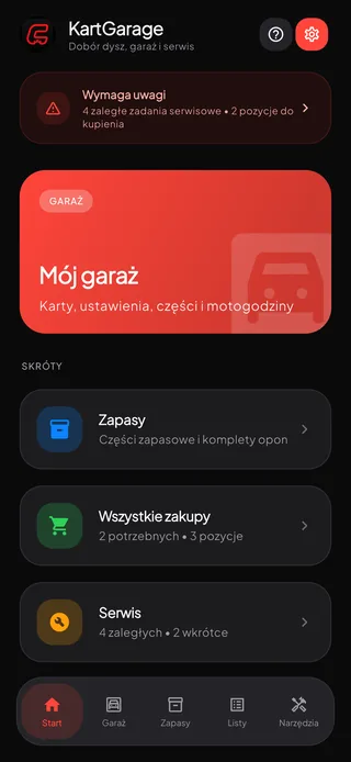 Ekran główny KartGarage z garażem, skrótami i pozycjami wymagającymi uwagi.