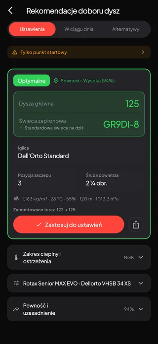 Wynik doboru dysz: dysza główna 125 i świeca dobrana z tego samego powietrza w jednym bloku, z iglicą, pozycją klipsa, śrubą powietrza i oceną pewności 94%.