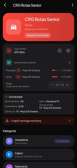 Ekran szczegółów gokarta z informacjami o silniku, ramie i kategorii oraz bieżącym statusem.