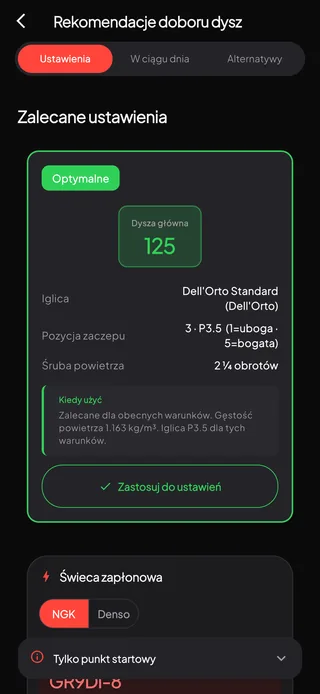 Rekomendacje dysz z dyszą główną, iglicą, pozycją klipsa i śrubą powietrza oraz oceną pewności.