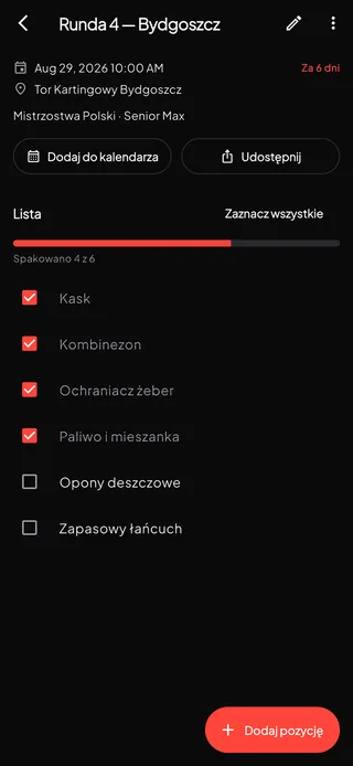 Ekran wydarzenia wyścigowego z listą pakowania i odliczaniem.