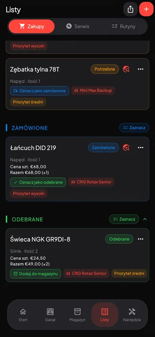Lista zakupów pogrupowana na potrzebne, zamówione i odebrane, z cenami, priorytetami i gokartem, do którego należy część.