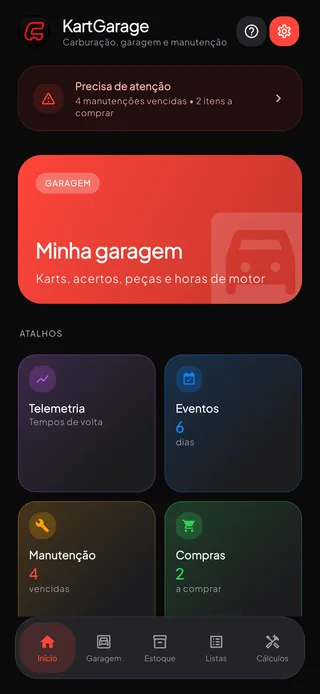 A tela inicial do KartGarage, com a garagem, os atalhos e o que precisa de atenção.