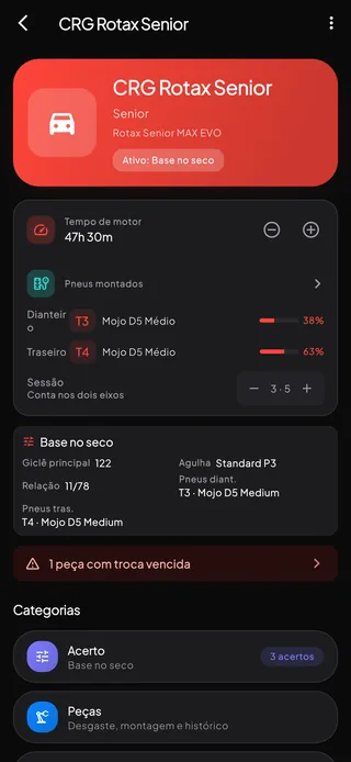 A tela de detalhe de um kart, com motor, chassi e categoria ao lado da situação atual.