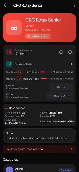 A tela de um kart: as horas de motor, os pneus montados na frente e atrás com ciclos térmicos e voltas, controles que contam uma sessão e voltas nos dois eixos de uma vez, o acerto ativo e uma peça com a troca atrasada.