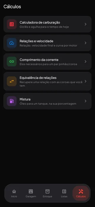 A aba Ferramentas com a calculadora de carburação, relações e velocidade, comprimento da corrente, equivalência e mistura.
