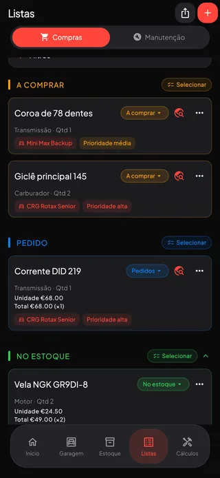Uma lista de compras agrupada em a comprar, pedido e no estoque, com preços, prioridades e o kart de cada peça.