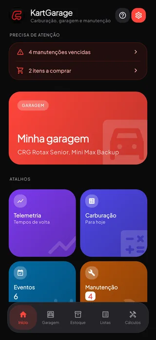 A tela inicial do KartGarage, com a garagem, os atalhos e o que precisa de atenção.