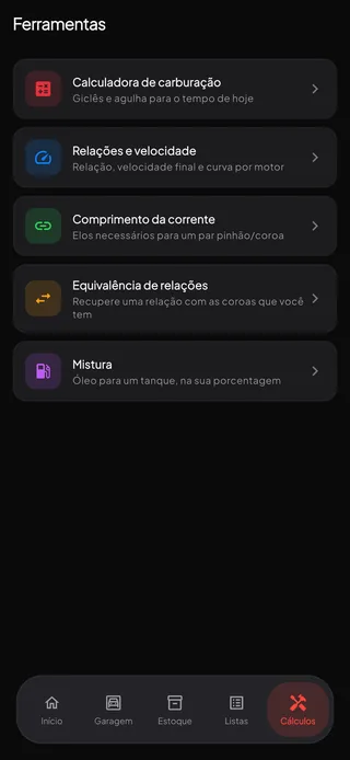 A aba Ferramentas com a calculadora de carburação, relações e velocidade, comprimento da corrente, equivalência e mistura.