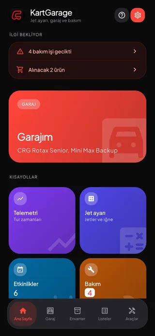 Garajı, kısayolları ve ilgilenilmesi gereken öğeleri gösteren KartGarage ana ekranı.