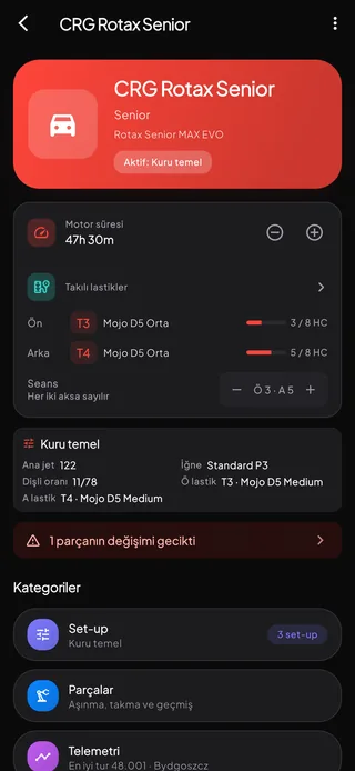 Güncel durumun yanında motor, şasi ve kategori bilgilerini gösteren kart ayrıntı ekranı.