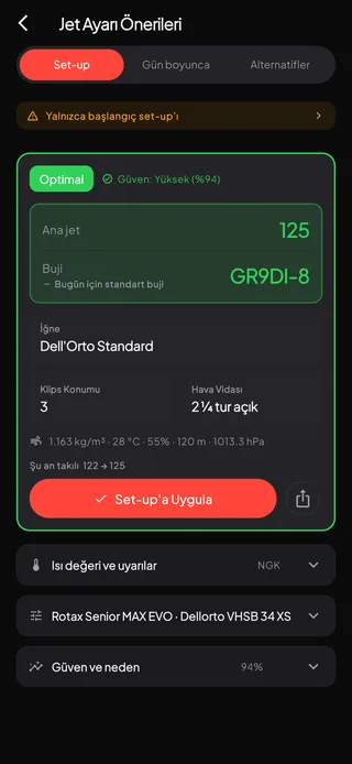Jet ayarı sonucu: 125 ana jet ve aynı hava için buji tek blokta; iğne, klips konumu, hava vidası ve %94 güven puanıyla.